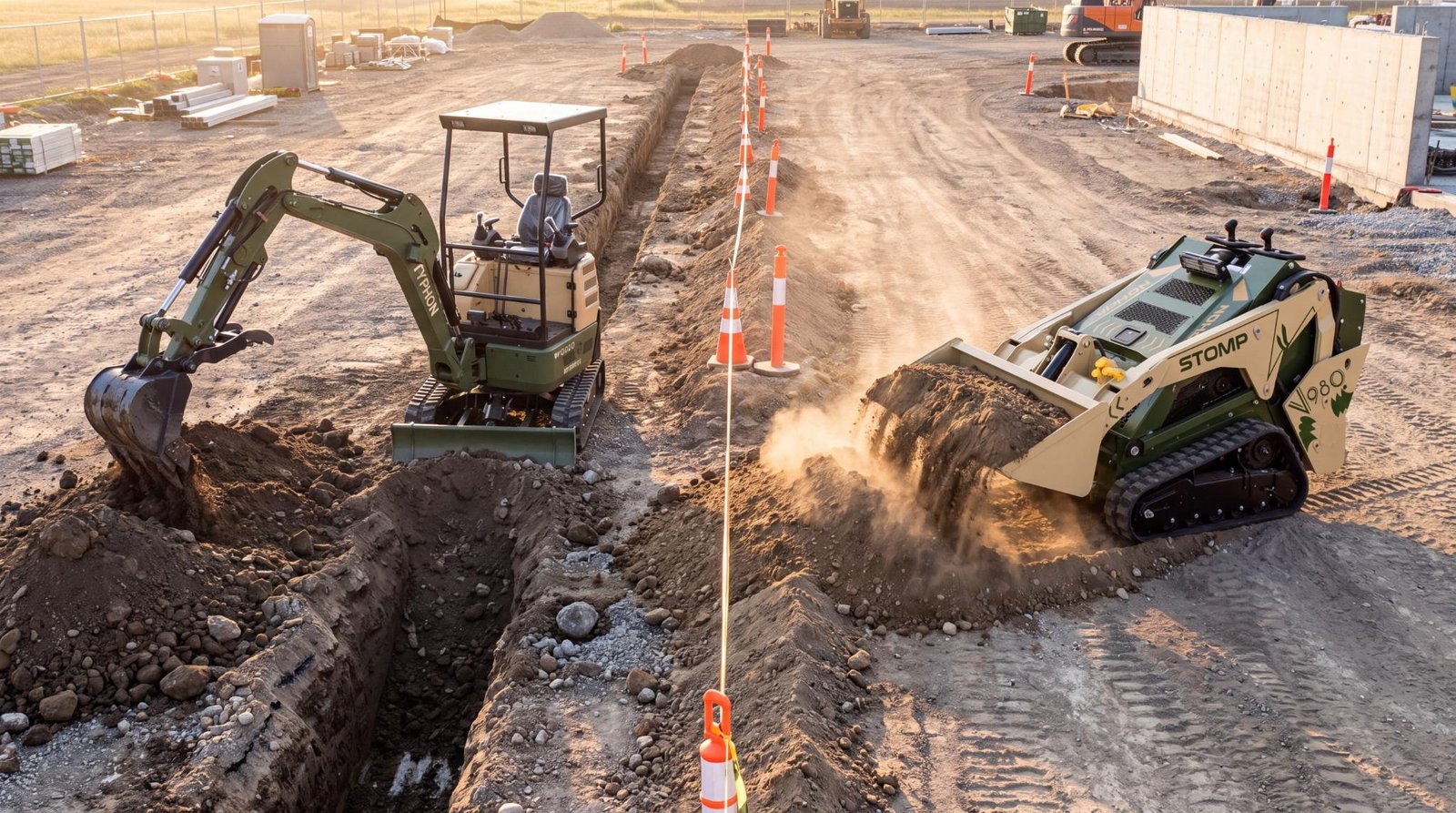 Mini excavator trenching while a compact track loader moves excavated soil on the same jobsite.