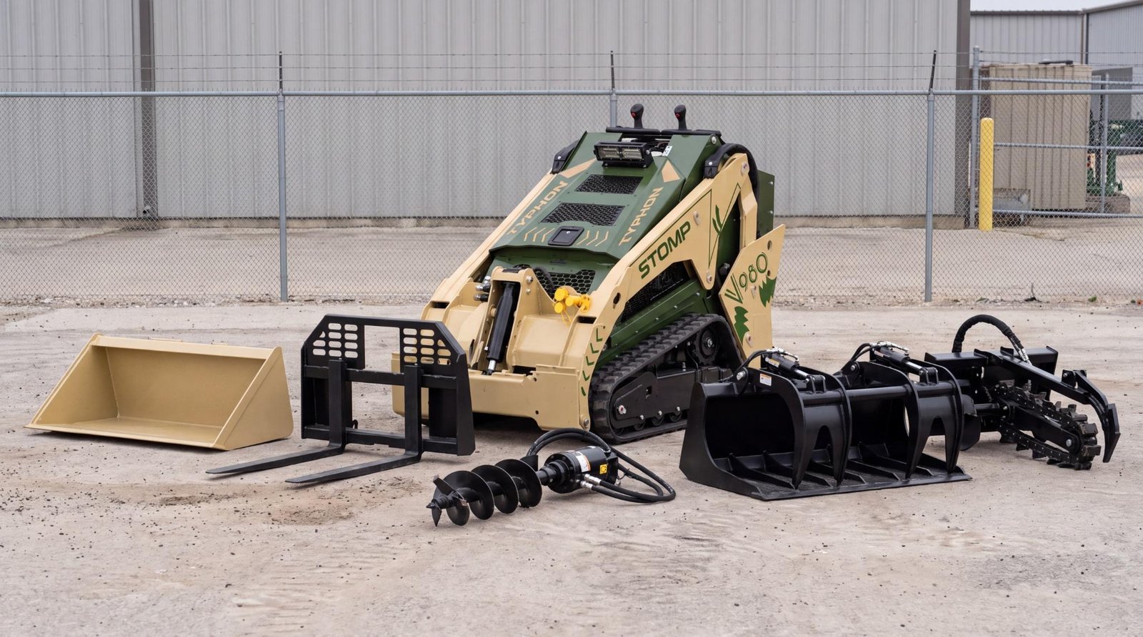 Compact track loader displayed with bucket, pallet forks, auger, grapple, and trencher attachments.